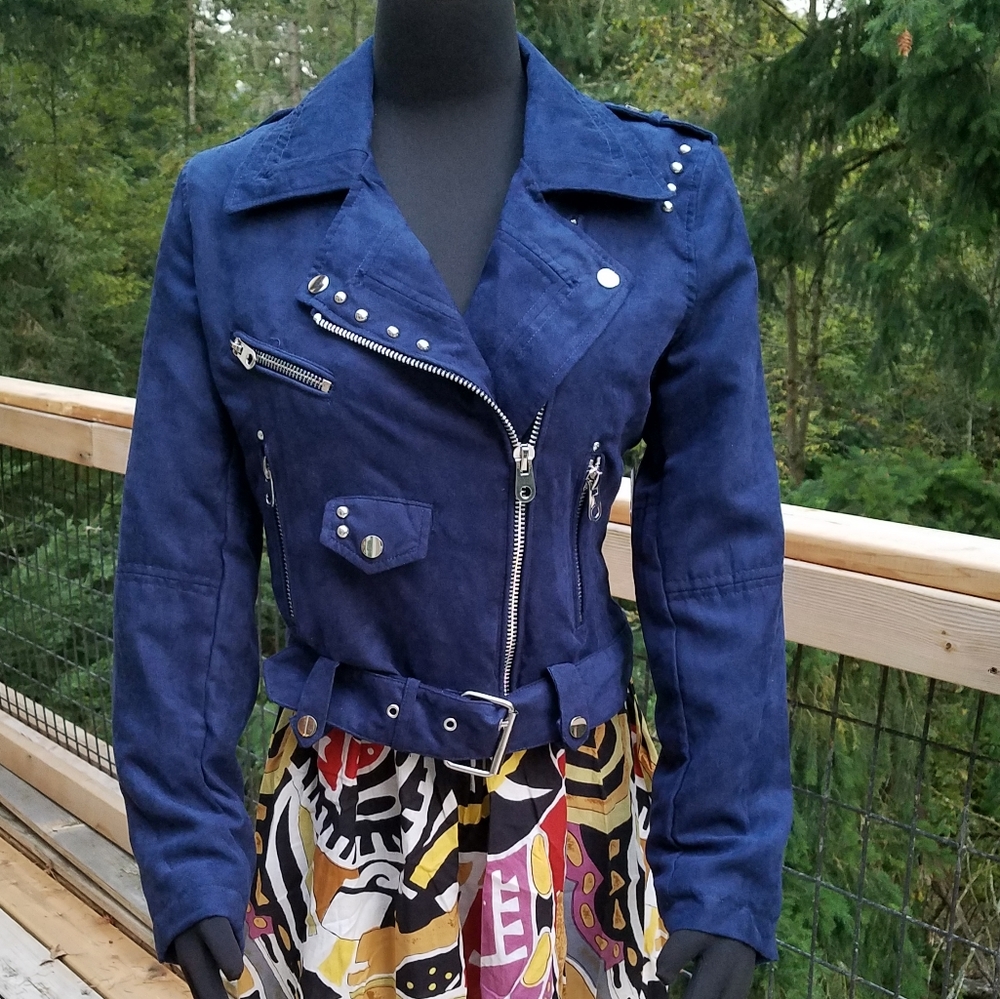 Design Lab Moto Jacket Luxe Vegan Suede Cropped Studded Marine Blue Sm Md NWT
